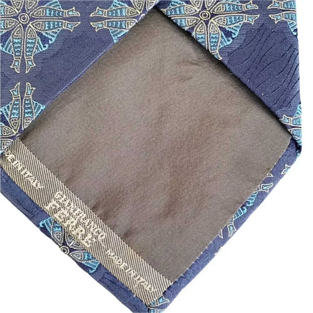 Gianfranco Ferre Blue Fish Print Medallion Silk Tie